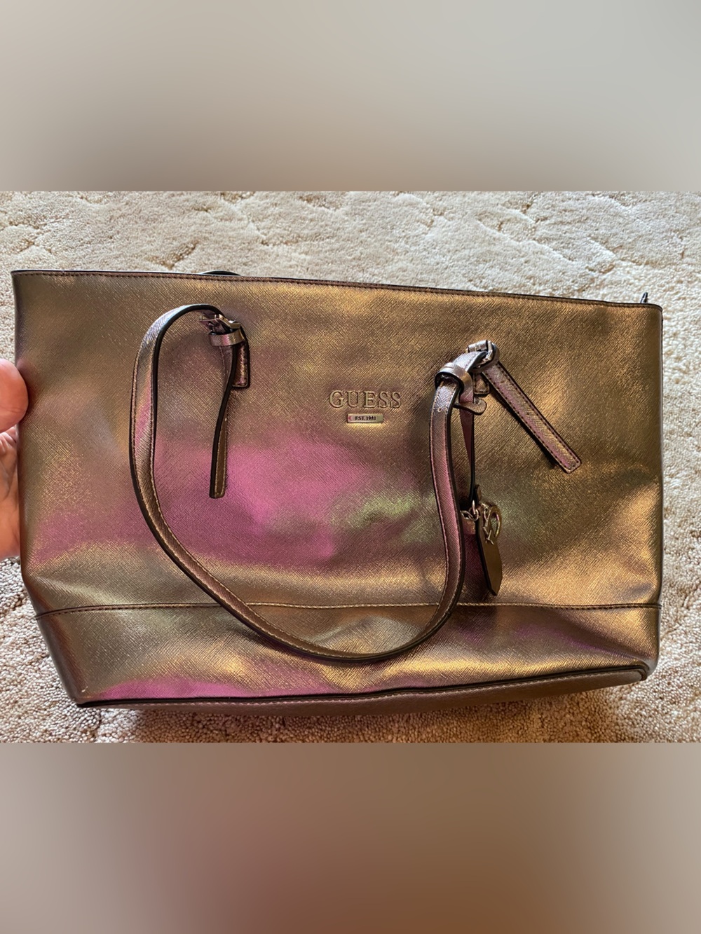 GUESS Iridescent Metallic Tote in Bronze with Pink Sheen